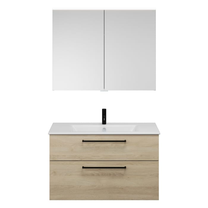 burgbad Eqio Badmöbel-Set 102 cm mit Keramik-Waschtisch Slim und Unterschrank mit Stangengriff G0234, mit Spiegelschrank