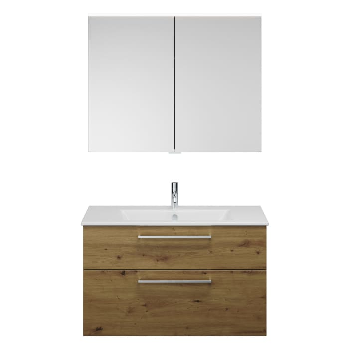 burgbad Eqio Badmöbel-Set 102 cm mit Keramik-Waschtisch Slim und Unterschrank mit Stangengriff P95, mit Spiegelschrank