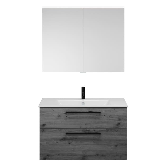 burgbad Eqio Badmöbel-Set 102 cm mit Keramik-Waschtisch Slim und Unterschrank mit Stangengriff G0234, mit Spiegelschrank