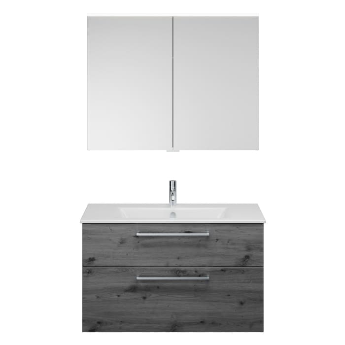 burgbad Eqio Badmöbel-Set 102 cm mit Keramik-Waschtisch Slim und Unterschrank mit Stangengriff P95, mit Spiegelschrank