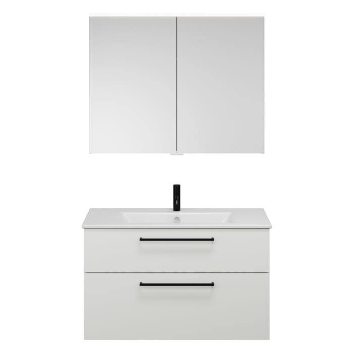 burgbad Eqio Badmöbel-Set 102 cm mit Keramik-Waschtisch Slim und Unterschrank mit Stangengriff G0234, mit Spiegelschrank