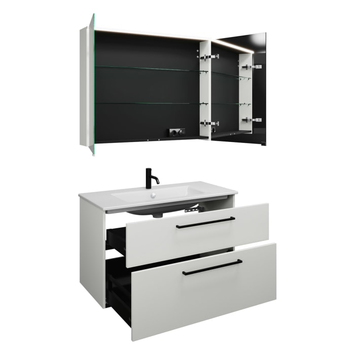 burgbad Eqio Badmöbel-Set 102 cm mit Keramik-Waschtisch Slim und Unterschrank mit Stangengriff G0234, mit Spiegelschrank