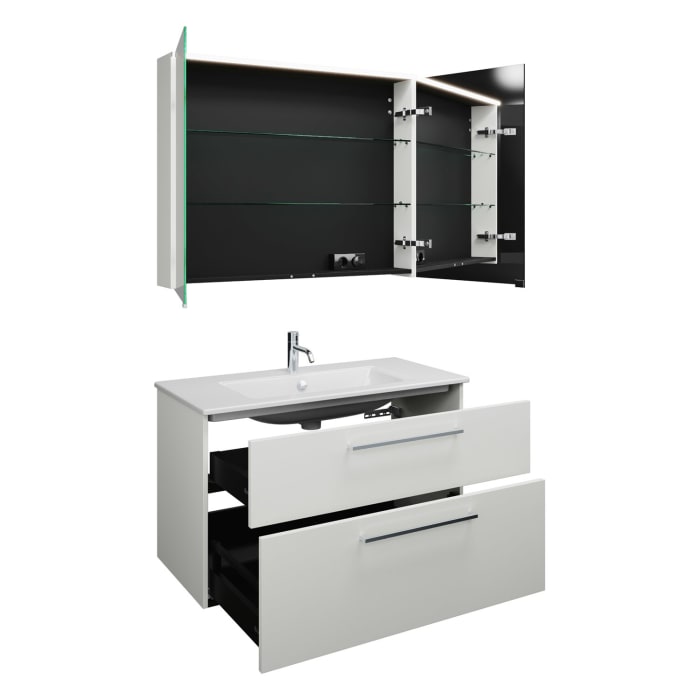 burgbad Eqio Badmöbel-Set 102 cm mit Keramik-Waschtisch Slim und Unterschrank mit Stangengriff P95, mit Spiegelschrank