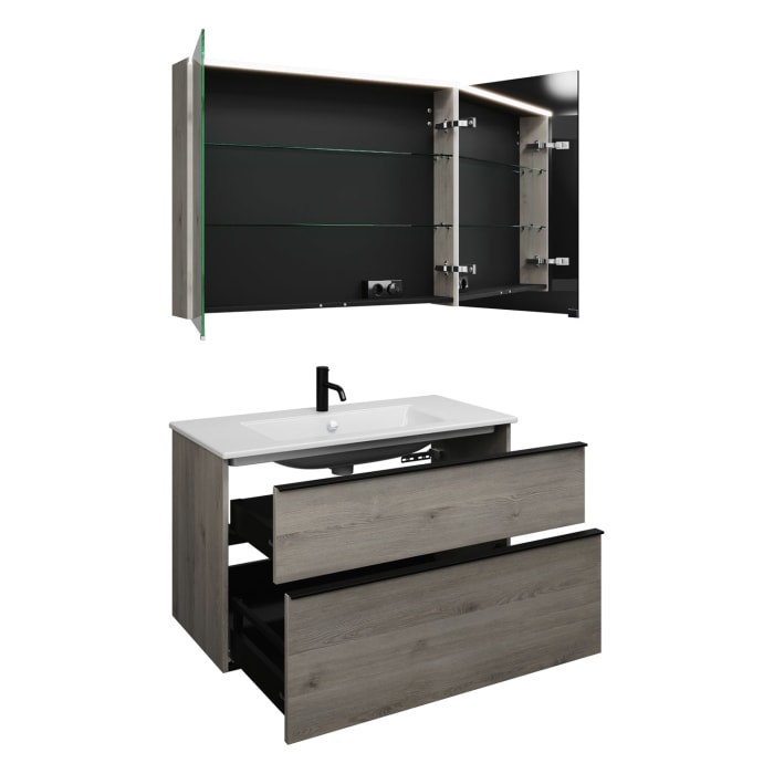 burgbad Eqio Badmöbel-Set 102 cm mit Keramik-Waschtisch Slim und Unterschrank mit Griffleiste G0252, mit Spiegelschrank