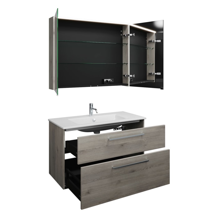 burgbad Eqio Badmöbel-Set 102 cm mit Keramik-Waschtisch Slim und Unterschrank mit Stangengriff P95, mit Spiegelschrank