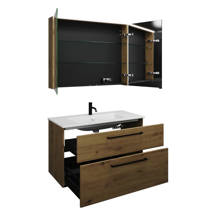 burgbad Eqio Badmöbel-Set 102 cm mit Keramik-Waschtisch Slim und Unterschrank mit Stangengriff G0234, mit Spiegelschrank