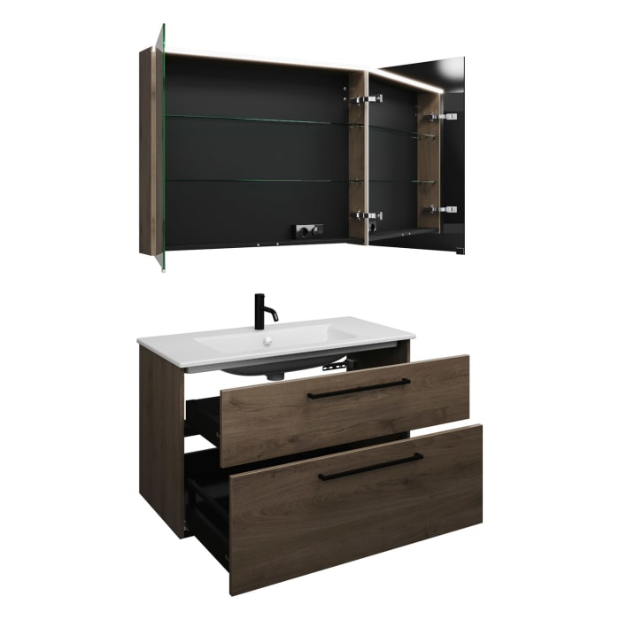 burgbad Eqio Badmöbel-Set 102 cm mit Keramik-Waschtisch Slim und Unterschrank mit Stangengriff G0234, mit Spiegelschrank