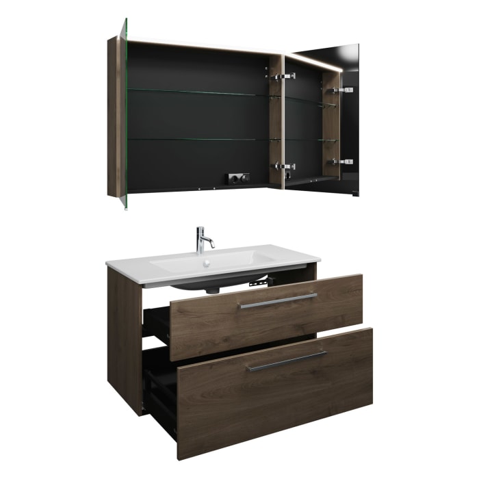 burgbad Eqio Badmöbel-Set 102 cm mit Keramik-Waschtisch Slim und Unterschrank mit Stangengriff P95, mit Spiegelschrank