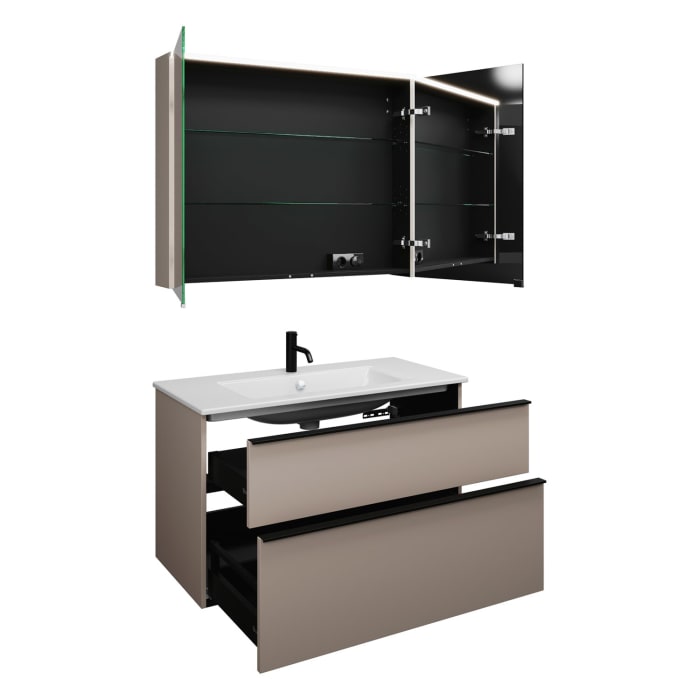 burgbad Eqio Badmöbel-Set 102 cm mit Keramik-Waschtisch Slim und Unterschrank mit Griffleiste G0252, mit Spiegelschrank