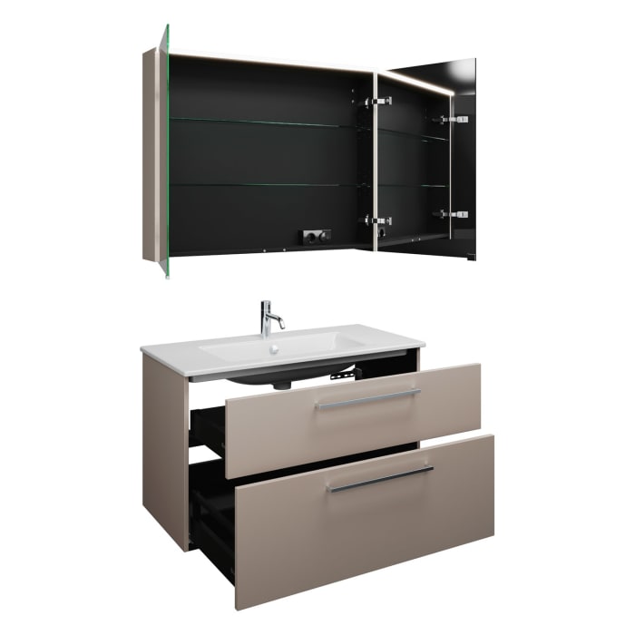 burgbad Eqio Badmöbel-Set 102 cm mit Keramik-Waschtisch Slim und Unterschrank mit Stangengriff P95, mit Spiegelschrank