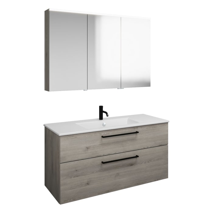burgbad Eqio Badmöbel-Set 122 cm mit Keramik-Waschtisch Slim und Unterschrank mit Stangengriff G0234, mit Spiegelschrank