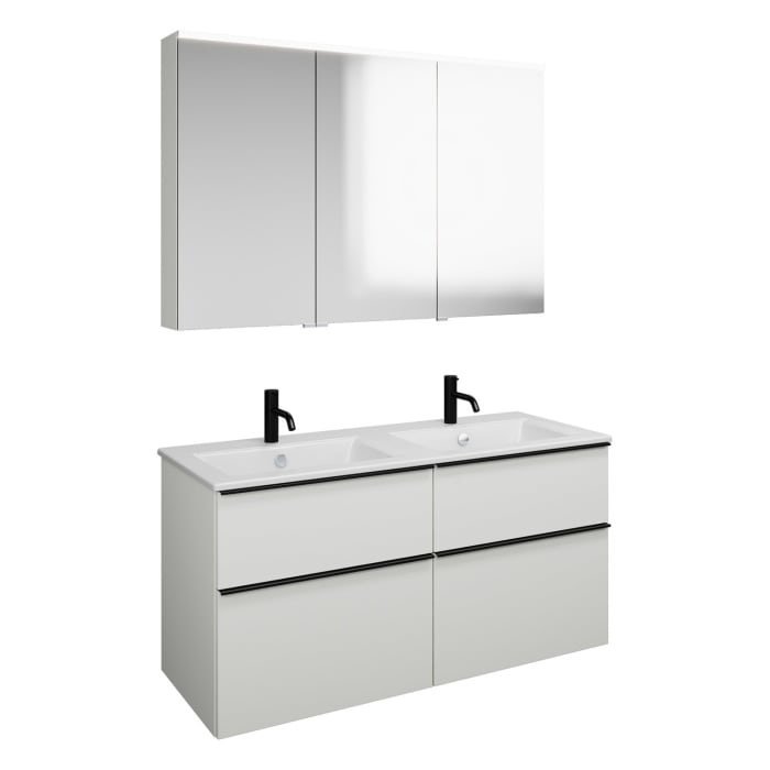 burgbad Eqio Badmöbel-Set 122 cm mit Keramik-Doppelwaschtisch Slim und Unterschrank mit Griffleiste G0252, mit Spiegelschrank