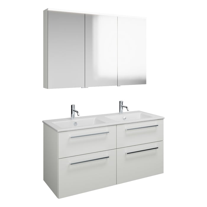 burgbad Eqio Badmöbel-Set 122 cm mit Keramik-Doppelwaschtisch Slim und Unterschrank mit Stangengriff P95, mit Spiegelschrank