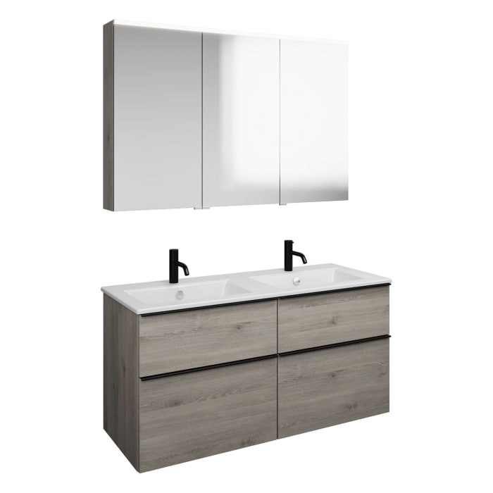 burgbad Eqio Badmöbel-Set 122 cm mit Keramik-Doppelwaschtisch Slim und Unterschrank mit Griffleiste G0252, mit Spiegelschrank