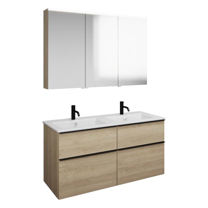 burgbad Eqio Badmöbel-Set 122 cm mit Keramik-Doppelwaschtisch Slim und Unterschrank mit Griffleiste G0252, mit Spiegelschrank