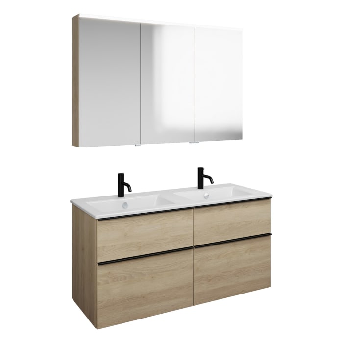 burgbad Eqio Badmöbel-Set 122 cm mit Keramik-Doppelwaschtisch Slim und Unterschrank mit Griffleiste G0252, mit Spiegelschrank