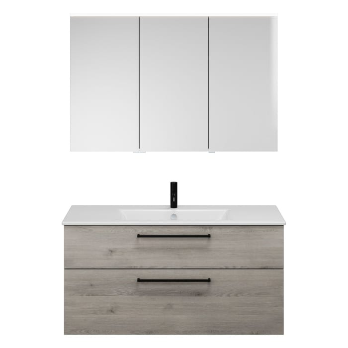 burgbad Eqio Badmöbel-Set 122 cm mit Keramik-Waschtisch Slim und Unterschrank mit Stangengriff G0234, mit Spiegelschrank