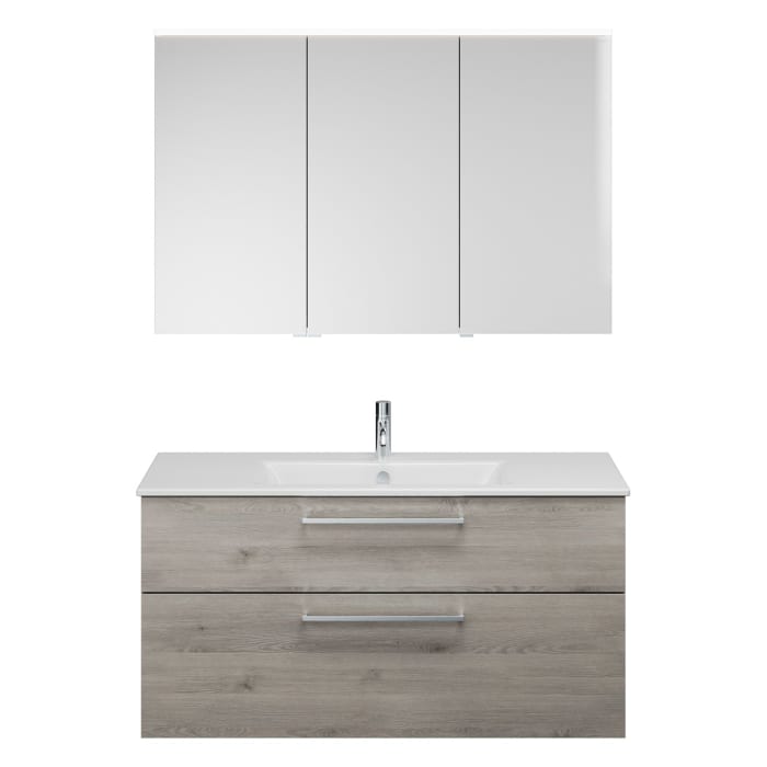 burgbad Eqio Badmöbel-Set 122 cm mit Keramik-Waschtisch Slim und Unterschrank mit Stangengriff P95, mit Spiegelschrank