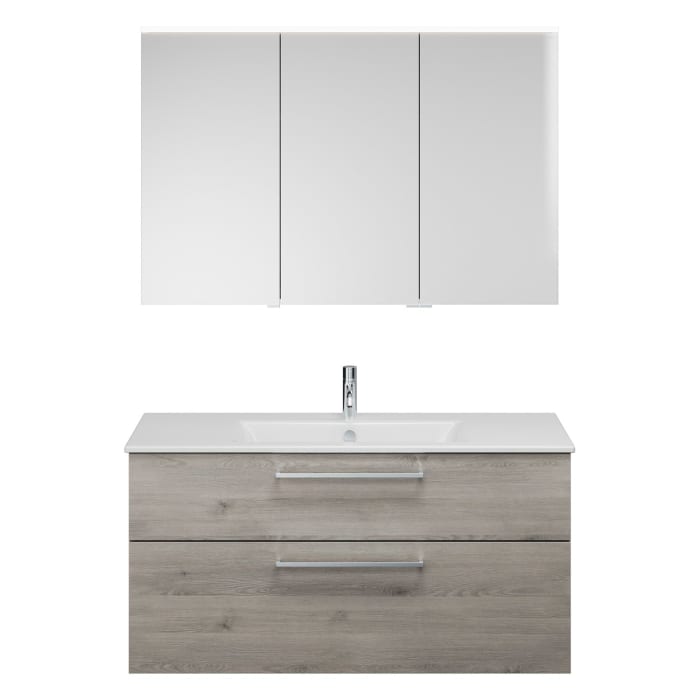 burgbad Eqio Badmöbel-Set 122 cm mit Keramik-Waschtisch Slim und Unterschrank mit Stangengriff P95, mit Spiegelschrank