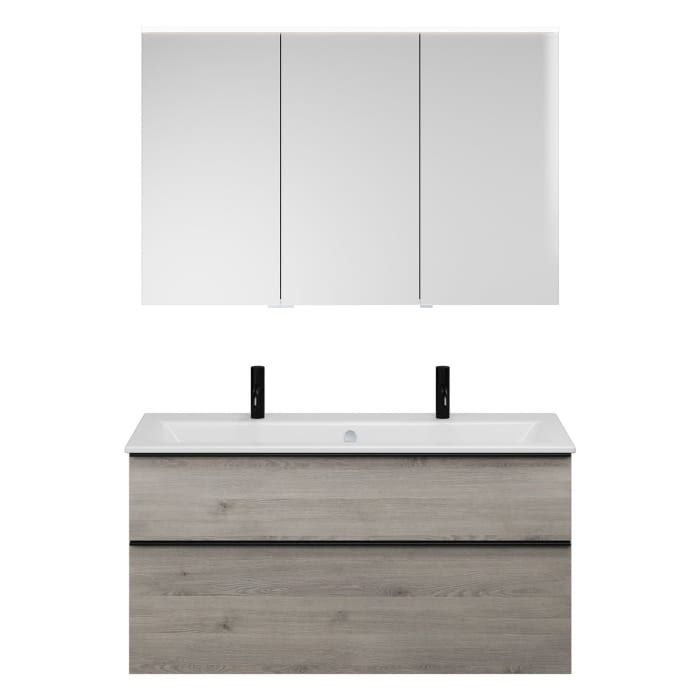 burgbad Eqio Badmöbel-Set 122 cm mit Keramik-Waschtisch Slim und Unterschrank mit Griffleiste G0252, mit Spiegelschrank