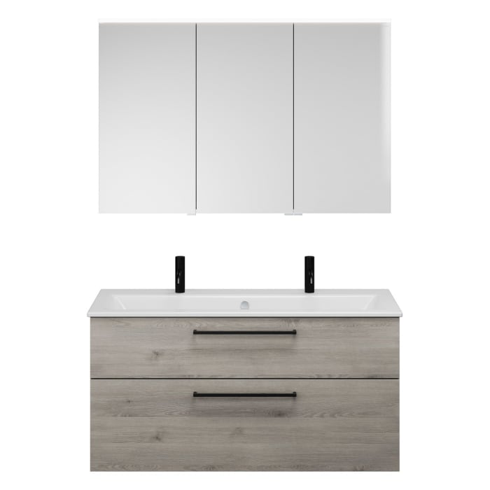 burgbad Eqio Badmöbel-Set 122 cm mit Keramik-Waschtisch Slim und Unterschrank mit Stangengriff G0234, mit Spiegelschrank