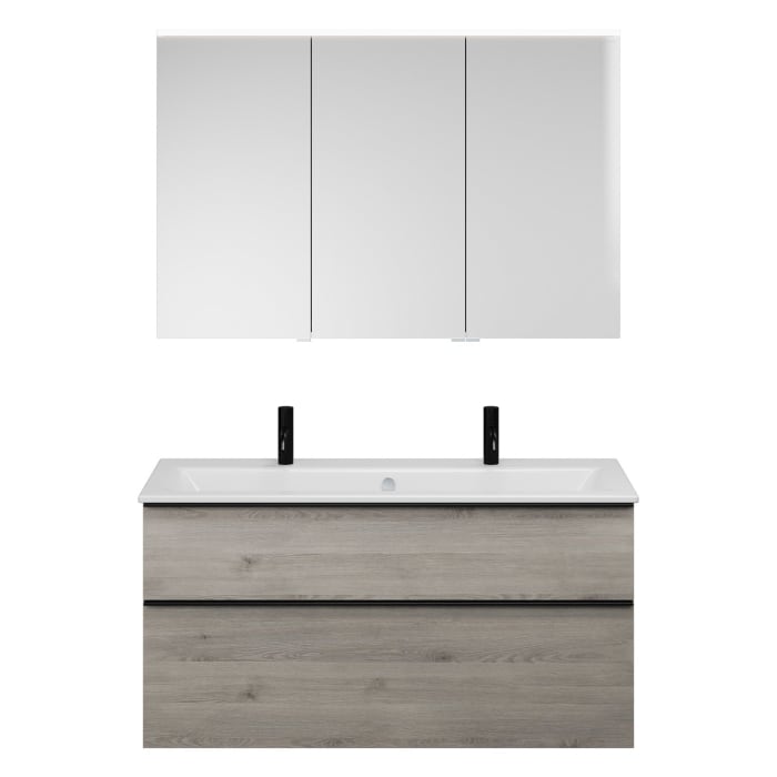 burgbad Eqio Badmöbel-Set 122 cm mit Keramik-Waschtisch Slim und Unterschrank mit Griffleiste G0252, mit Spiegelschrank