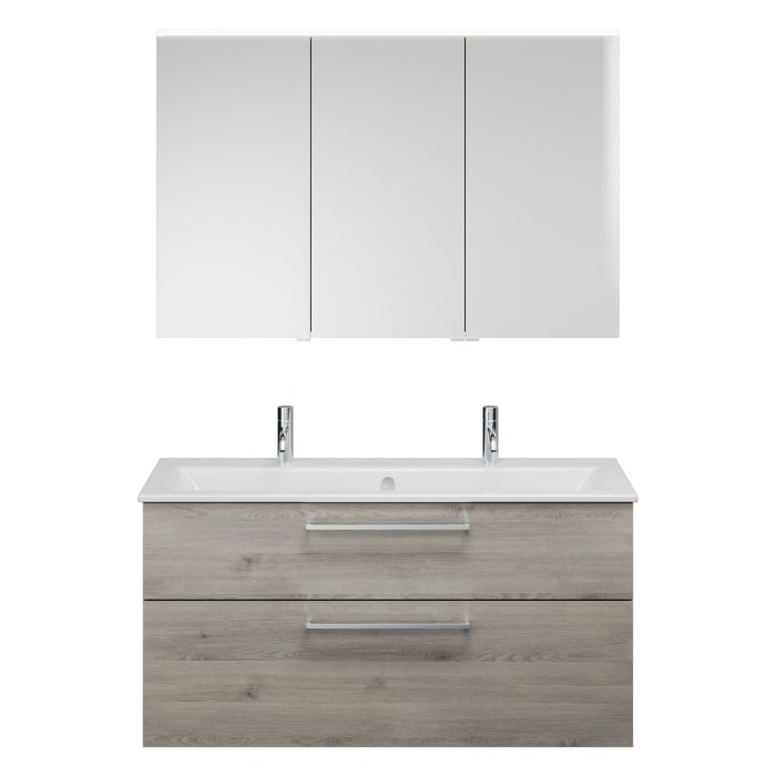 burgbad Eqio Badmöbel-Set 122 cm mit Keramik-Waschtisch Slim und Unterschrank mit Stangengriff P95, mit Spiegelschrank