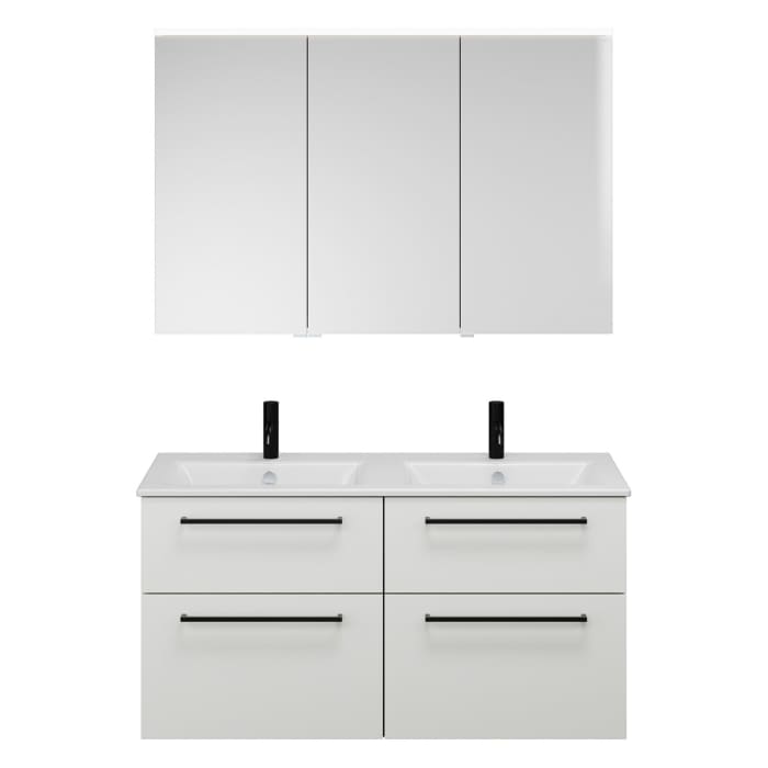 burgbad Eqio Badmöbel-Set 122 cm mit Keramik-Doppelwaschtisch Slim und Unterschrank mit Stangengriff G0234, mit Spiegelschrank