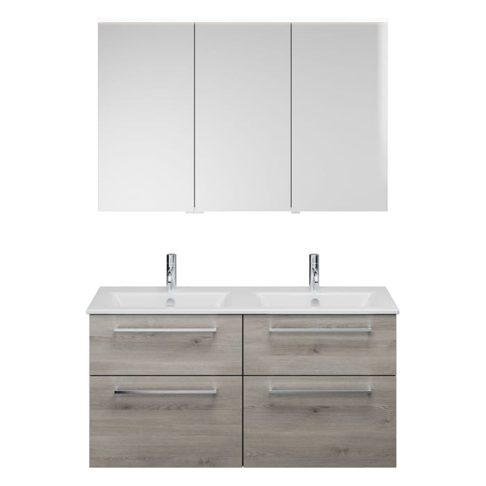 burgbad Eqio Badmöbel-Set 122 cm mit Keramik-Doppelwaschtisch Slim und Unterschrank mit Stangengriff P95, mit Spiegelschrank