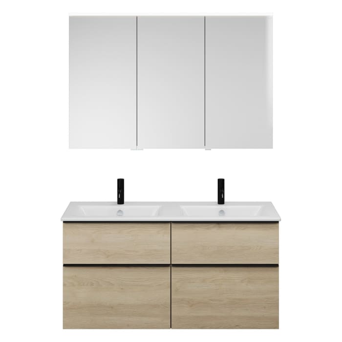 burgbad Eqio Badmöbel-Set 122 cm mit Keramik-Doppelwaschtisch Slim und Unterschrank mit Griffleiste G0252, mit Spiegelschrank