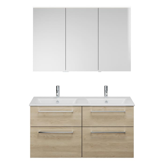 burgbad Eqio Badmöbel-Set 122 cm mit Keramik-Doppelwaschtisch Slim und Unterschrank mit Stangengriff P95, mit Spiegelschrank