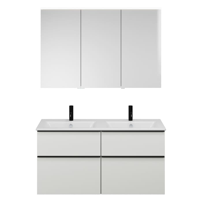 burgbad Eqio Badmöbel-Set 122 cm mit Keramik-Doppelwaschtisch Slim und Unterschrank mit Griffleiste G0252, mit Spiegelschrank