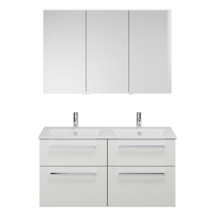 burgbad Eqio Badmöbel-Set 122 cm mit Keramik-Doppelwaschtisch Slim und Unterschrank mit Stangengriff P95, mit Spiegelschrank