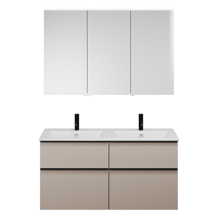 burgbad Eqio Badmöbel-Set 122 cm mit Keramik-Doppelwaschtisch Slim und Unterschrank mit Griffleiste G0252, mit Spiegelschrank