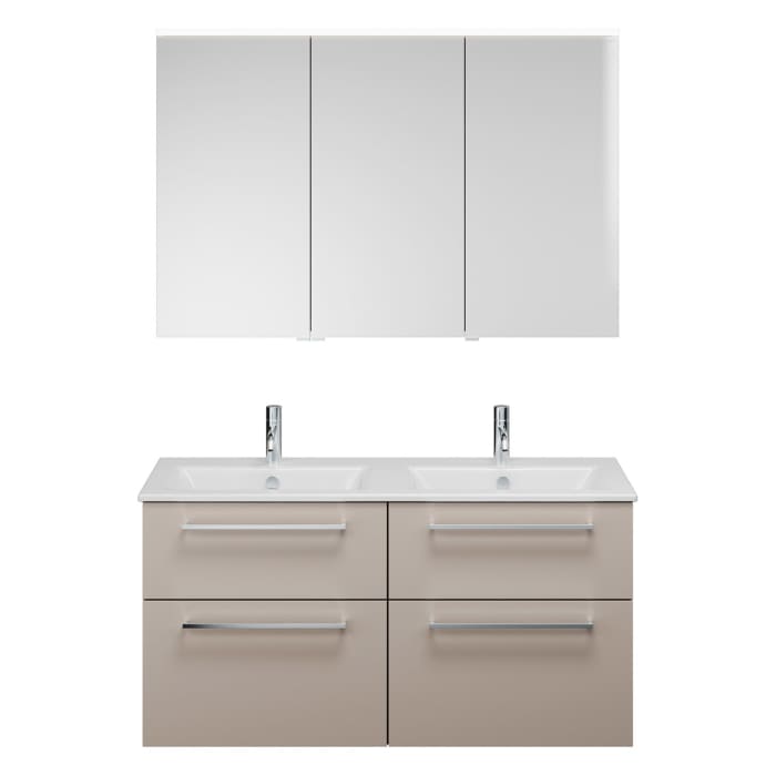 burgbad Eqio Badmöbel-Set 122 cm mit Keramik-Doppelwaschtisch Slim und Unterschrank mit Stangengriff P95, mit Spiegelschrank