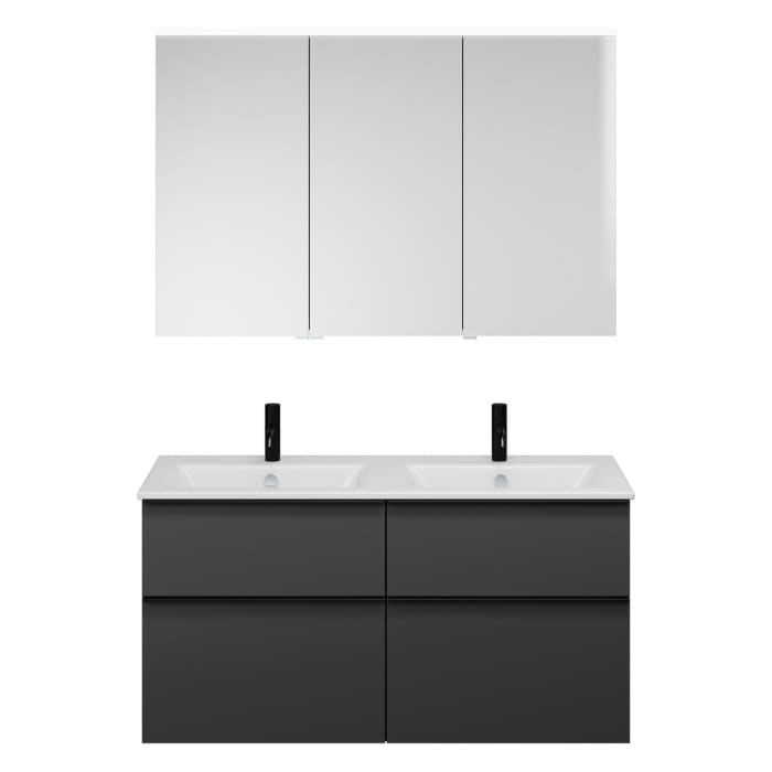 burgbad Eqio Badmöbel-Set 122 cm mit Keramik-Doppelwaschtisch Slim und Unterschrank mit Griffleiste G0252, mit Spiegelschrank