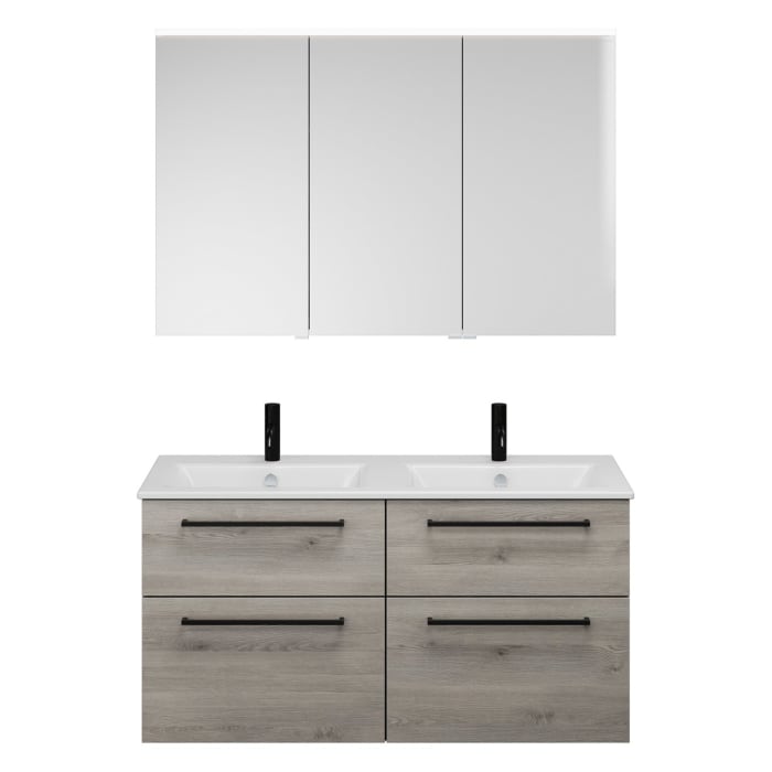 burgbad Eqio Badmöbel-Set 122 cm mit Keramik-Doppelwaschtisch Slim und Unterschrank mit Stangengriff G0234, mit Spiegelschrank