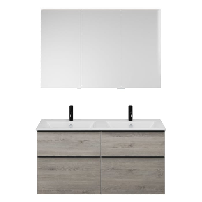 burgbad Eqio Badmöbel-Set 122 cm mit Keramik-Doppelwaschtisch Slim und Unterschrank mit Griffleiste G0252, mit Spiegelschrank