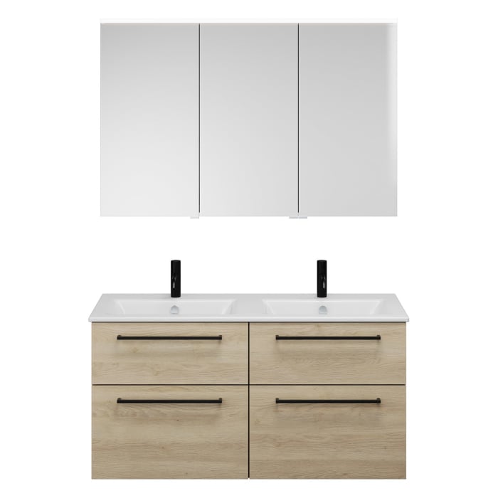 burgbad Eqio Badmöbel-Set 122 cm mit Keramik-Doppelwaschtisch Slim und Unterschrank mit Stangengriff G0234, mit Spiegelschrank