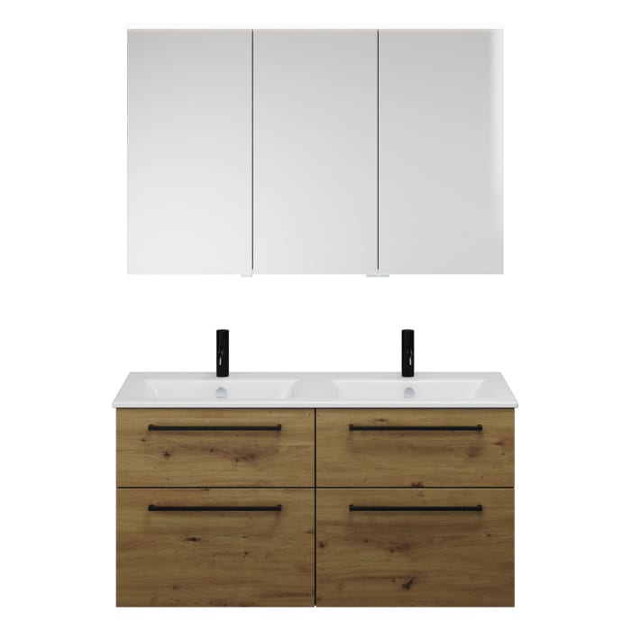 burgbad Eqio Badmöbel-Set 122 cm mit Keramik-Doppelwaschtisch Slim und Unterschrank mit Stangengriff G0234, mit Spiegelschrank