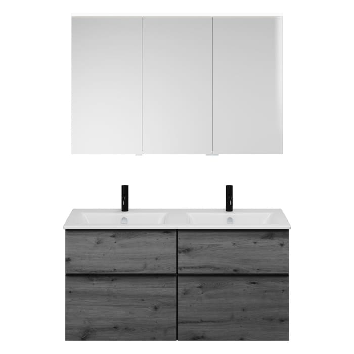 burgbad Eqio Badmöbel-Set 122 cm mit Keramik-Doppelwaschtisch Slim und Unterschrank mit Griffleiste G0252, mit Spiegelschrank