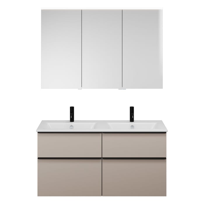 burgbad Eqio Badmöbel-Set 122 cm mit Keramik-Doppelwaschtisch Slim und Unterschrank mit Griffleiste G0252, mit Spiegelschrank