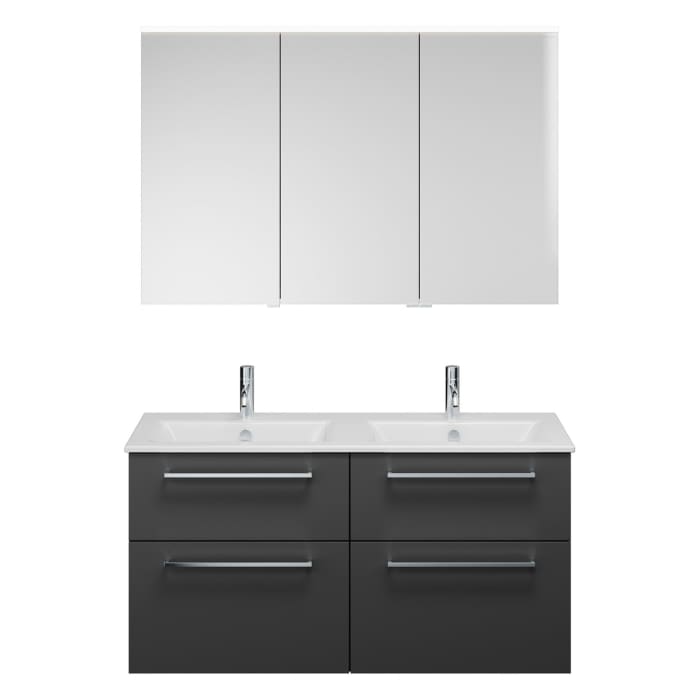 burgbad Eqio Badmöbel-Set 122 cm mit Keramik-Doppelwaschtisch Slim und Unterschrank mit Stangengriff P95, mit Spiegelschrank