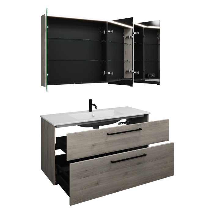 burgbad Eqio Badmöbel-Set 122 cm mit Keramik-Waschtisch Slim und Unterschrank mit Stangengriff G0234, mit Spiegelschrank