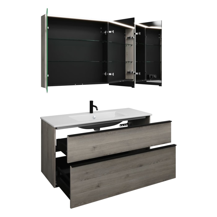 burgbad Eqio Badmöbel-Set 122 cm mit Keramik-Waschtisch Slim und Unterschrank mit Griffleiste G0252, mit Spiegelschrank