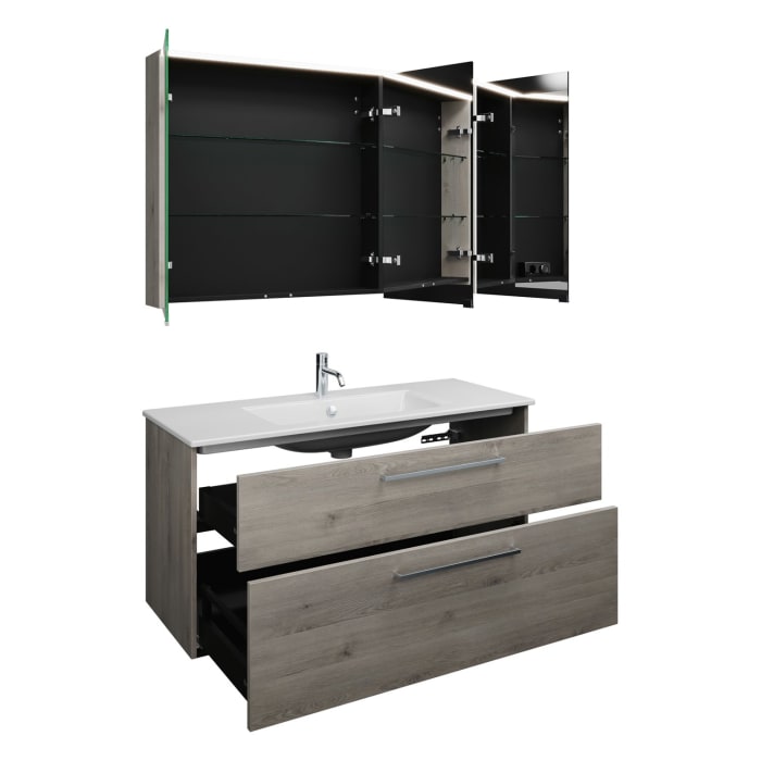 burgbad Eqio Badmöbel-Set 122 cm mit Keramik-Waschtisch Slim und Unterschrank mit Stangengriff P95, mit Spiegelschrank