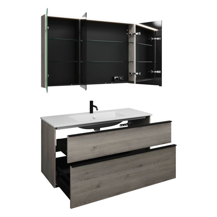 burgbad Eqio Badmöbel-Set 122 cm mit Keramik-Waschtisch Slim und Unterschrank mit Griffleiste G0252, mit Spiegelschrank