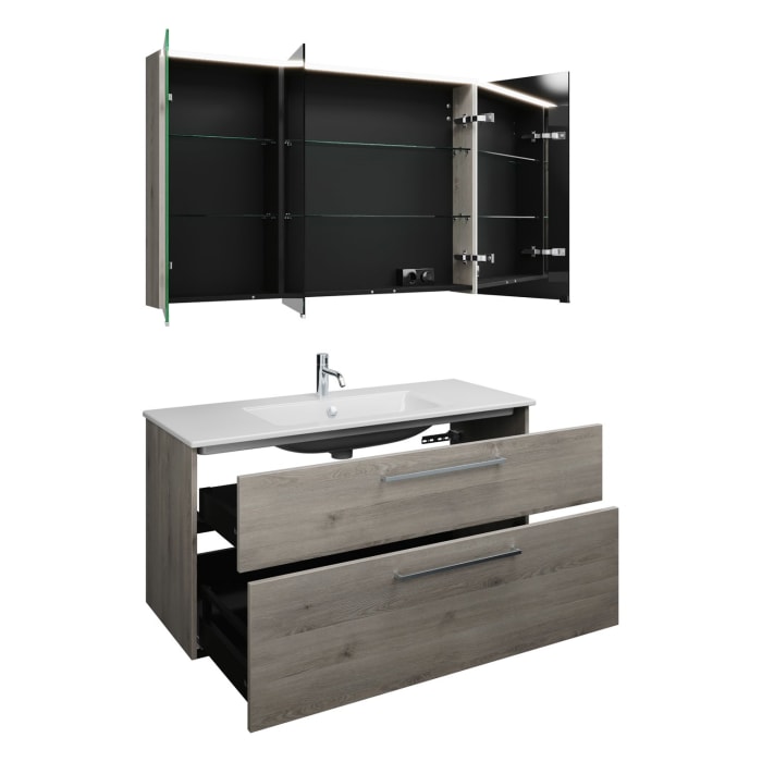 burgbad Eqio Badmöbel-Set 122 cm mit Keramik-Waschtisch Slim und Unterschrank mit Stangengriff P95, mit Spiegelschrank