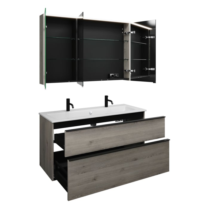 burgbad Eqio Badmöbel-Set 122 cm mit Keramik-Waschtisch Slim und Unterschrank mit Griffleiste G0252, mit Spiegelschrank