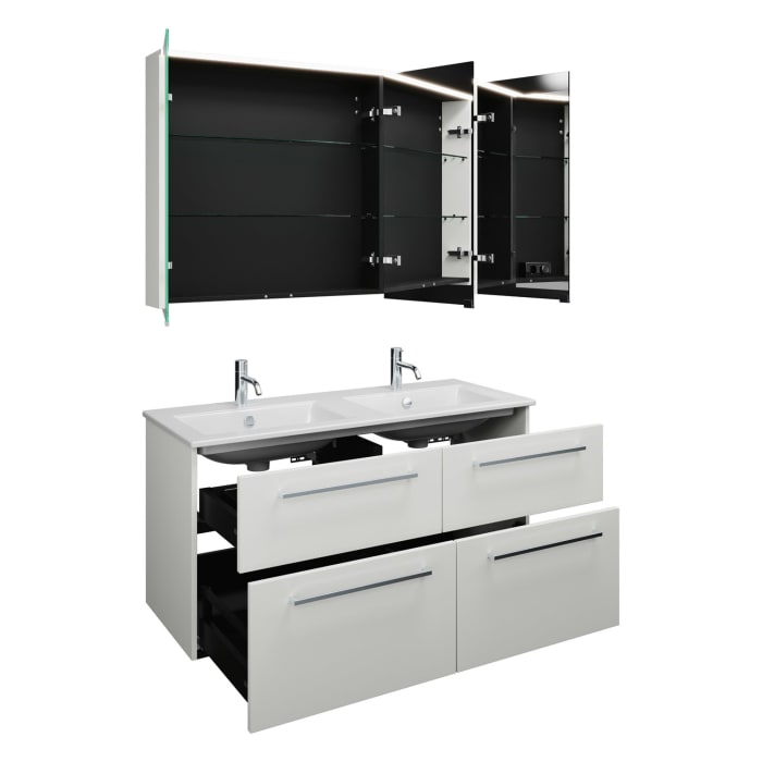 burgbad Eqio Badmöbel-Set 122 cm mit Keramik-Doppelwaschtisch Slim und Unterschrank mit Stangengriff P95, mit Spiegelschrank